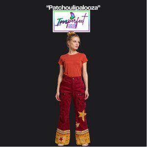 Upcycled red cargo pants with kantha